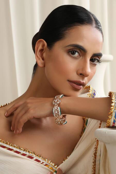 Shop Swabhimann Green Diamonds, Crystals Polki Bracelet With Rose Gold Plating Online at Aza Fashions Shop_Swabhimann_Green Diamonds, Crystals Polki Bracelet With Rose Gold Plating _Online_at_Aza_Fashions