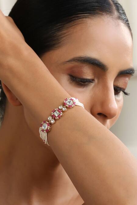 Buy Swabhimann Red Stones, Beads Rose Gold Polki Bracelet Online at Aza Fashions Buy_Swabhimann_Red Stones, Beads Rose Gold Polki Bracelet_Online_at_Aza_Fashions