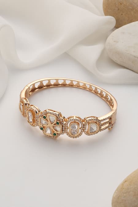 Shop Swabhimann Green Imitation Diamonds Rose Gold Polki Bracelet at Aza Fashions Shop_Swabhimann_Green Imitation Diamonds Rose Gold Polki Bracelet _at_Aza_Fashions
