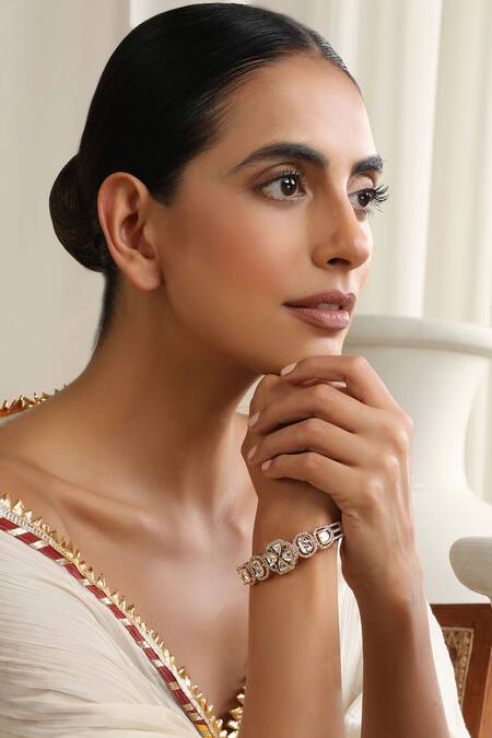 Shop Swabhimann Green Imitation Diamonds Rose Gold Polki Bracelet Online at Aza Fashions Shop_Swabhimann_Green Imitation Diamonds Rose Gold Polki Bracelet _Online_at_Aza_Fashions