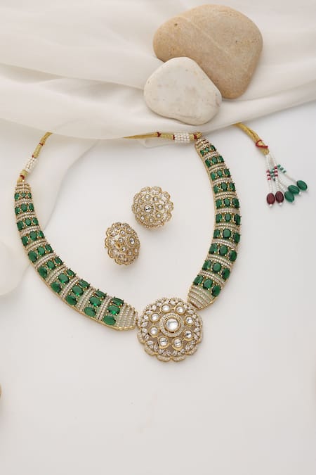 Swabhimann_Green Imitation Diamonds Polki Hasli Necklace Set _Online_at_Aza_Fashions