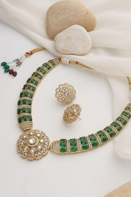 Shop_Swabhimann_Green Imitation Diamonds Polki Hasli Necklace Set _at_Aza_Fashions