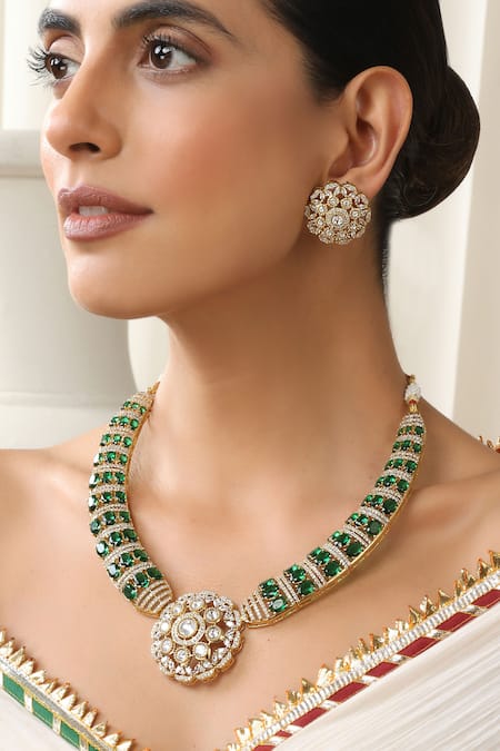 Buy_Swabhimann_Green Imitation Diamonds Polki Hasli Necklace Set _Online_at_Aza_Fashions