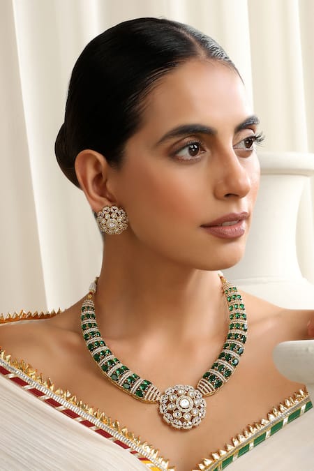 Shop_Swabhimann_Green Imitation Diamonds Polki Hasli Necklace Set _Online_at_Aza_Fashions