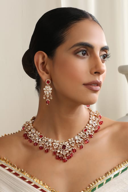 Swabhimann Red Stones, Rhinestones Rose Gold Polki Necklace Set Online at Aza Fashions Swabhimann_Red Stones, Rhinestones Rose Gold Polki Necklace Set _Online_at_Aza_Fashions