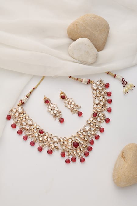 Buy Swabhimann Red Stones, Rhinestones Rose Gold Polki Necklace Set Online at Aza Fashions Buy_Swabhimann_Red Stones, Rhinestones Rose Gold Polki Necklace Set _Online_at_Aza_Fashions
