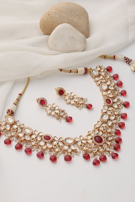 Shop Swabhimann Red Stones, Rhinestones Rose Gold Polki Necklace Set at Aza Fashions Shop_Swabhimann_Red Stones, Rhinestones Rose Gold Polki Necklace Set _at_Aza_Fashions