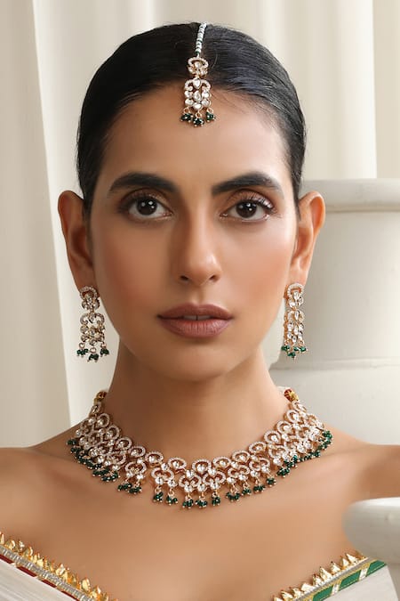 Swabhimann Green Stones, Beads Rose Gold Polki Necklace Set With Maang Tikka Online at Aza Fashions Swabhimann_Green Stones, Beads Rose Gold Polki Necklace Set With Maang Tikka _Online_at_Aza_Fashions