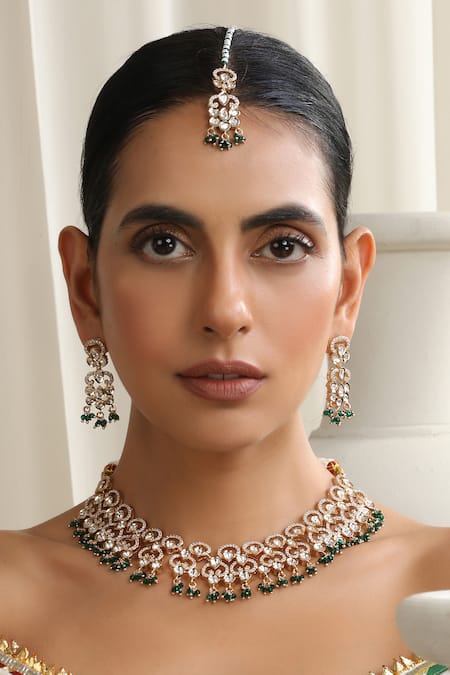 Buy Swabhimann Green Stones, Beads Rose Gold Polki Necklace Set With Maang Tikka Online at Aza Fashions Buy_Swabhimann_Green Stones, Beads Rose Gold Polki Necklace Set With Maang Tikka _Online_at_Aza_Fashions