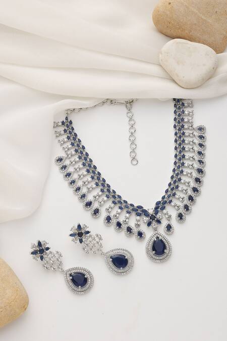 Swabhimann Blue Crystals Zirconia Necklace Set Online at Aza Fashions Swabhimann_Blue Crystals Zirconia Necklace Set _Online_at_Aza_Fashions