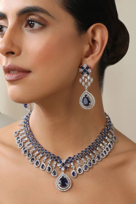 Shop Swabhimann Blue Crystals Zirconia Necklace Set Online at Aza Fashions Shop_Swabhimann_Blue Crystals Zirconia Necklace Set _Online_at_Aza_Fashions