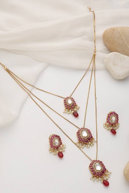 Shop Swabhimann Red Diamonds, Pearls Polki Layered Necklace Set at Aza Fashions Shop_Swabhimann_Red Diamonds, Pearls Polki Layered Necklace Set_at_Aza_Fashions