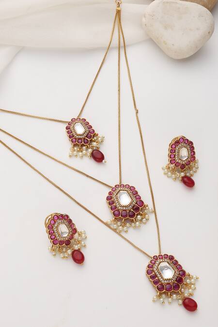 Swabhimann Red Diamonds, Pearls Polki Layered Necklace Set Online at Aza Fashions Swabhimann_Red Diamonds, Pearls Polki Layered Necklace Set_Online_at_Aza_Fashions