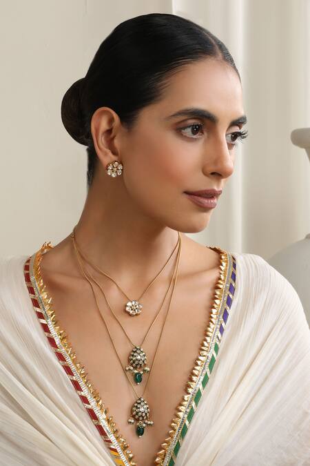 Swabhimann_Green Imitation Diamonds Polki Layered Necklace Set _Online_at_Aza_Fashions
