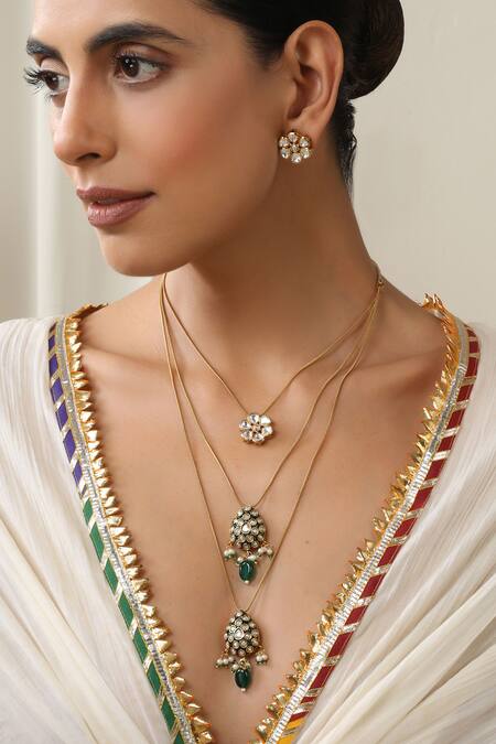 Buy_Swabhimann_Green Imitation Diamonds Polki Layered Necklace Set _Online_at_Aza_Fashions