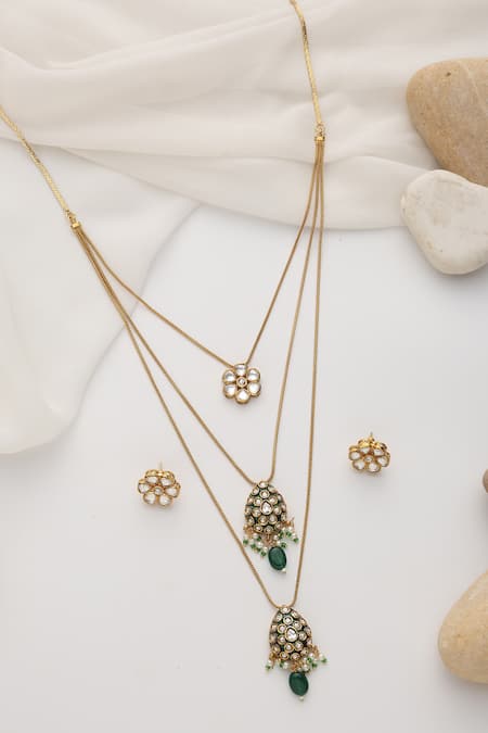 Shop_Swabhimann_Green Imitation Diamonds Polki Layered Necklace Set _Online_at_Aza_Fashions