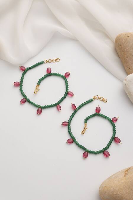 Swabhimann_Multi Color Beads Red And Green Anklets Set Of 2 _Online_at_Aza_Fashions
