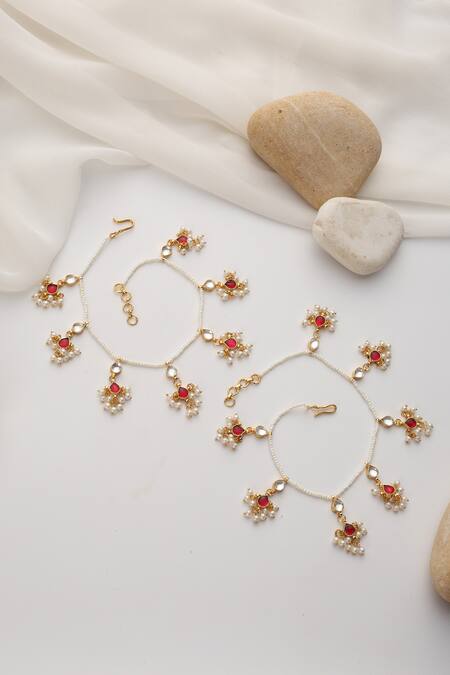 Shop_Swabhimann_Red Crystals, Beads Kundan Anklets Set Of 2 _Online_at_Aza_Fashions