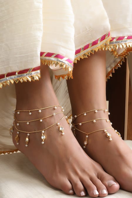 Buy_Swabhimann_Gold Plated Pearls Anklets Set Of 2 _Online_at_Aza_Fashions