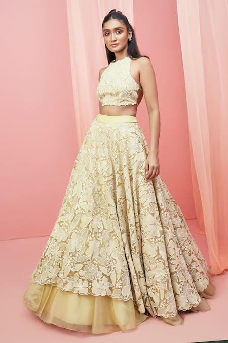 Vasavi Shah_Gold Silk, Organza Applique Halter Neck Floral Lehenga Set _Online_at_Aza_Fashions