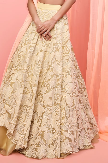 Vasavi Shah_Gold Silk, Organza Applique Halter Neck Floral Lehenga Set _at_Aza_Fashions