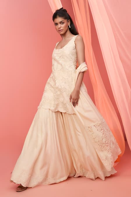 Shop_Vasavi Shah_Ivory Organza, Silk Applique, Embroidery Round Floral Short Kurta Gharara Set _at_Aza_Fashions