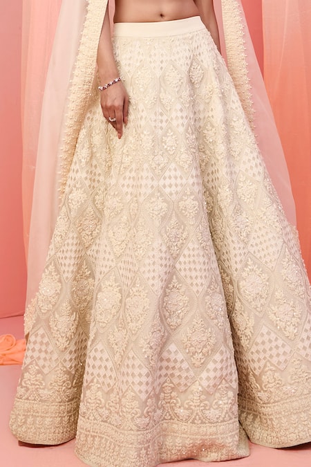Shop_Vasavi Shah_Ivory Silk, Organza Pearls, Sequins V-neck Thread Applique Kali Lehenga Set _Online_at_Aza_Fashions
