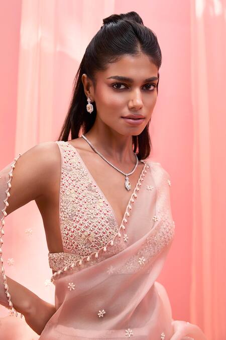 Vasavi Shah_Pink Silk, Organza Pearls, Embroidery V-neck Blush Saree Set _Online_at_Aza_Fashions