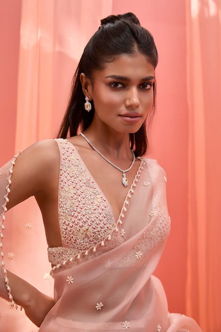Buy_Vasavi Shah_Pink Silk, Organza Pearls, Embroidery V-neck Blush Saree Set _Online_at_Aza_Fashions