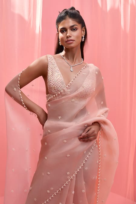 Shop_Vasavi Shah_Pink Silk, Organza Pearls, Embroidery V-neck Blush Saree Set _Online_at_Aza_Fashions