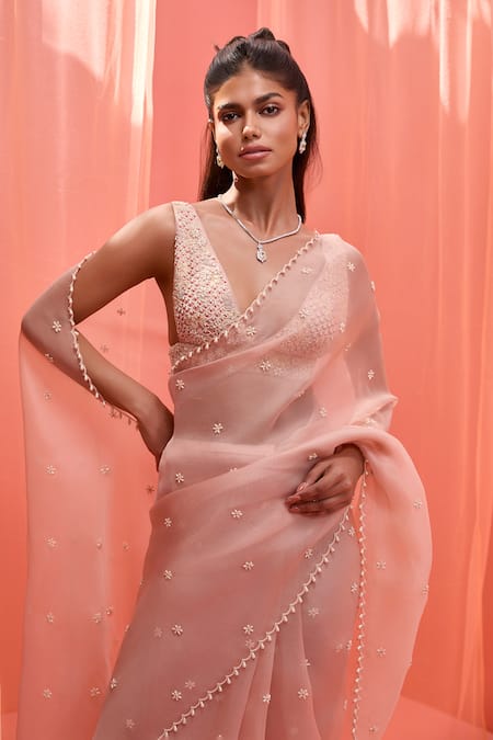Vasavi Shah_Pink Silk, Organza Pearls, Embroidery V-neck Blush Saree Set _at_Aza_Fashions