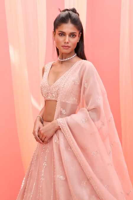 Vasavi Shah_Pink Tissue, Silk, Organza Pearls, Sequins V-neck Blush Sequence Lehenga Set _Online_at_Aza_Fashions
