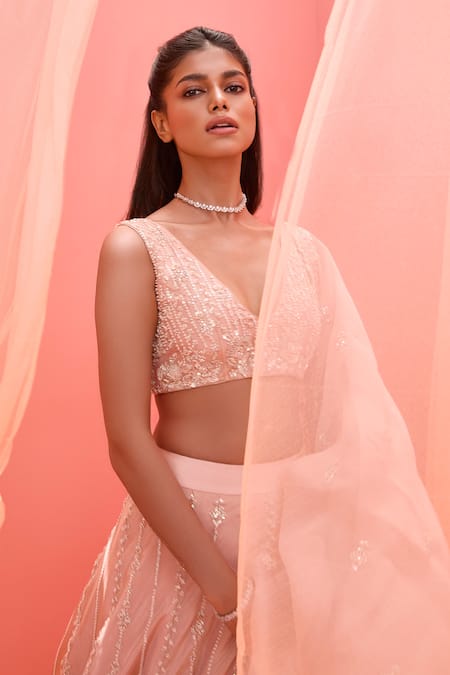 Buy_Vasavi Shah_Pink Tissue, Silk, Organza Pearls, Sequins V-neck Blush Sequence Lehenga Set _Online_at_Aza_Fashions