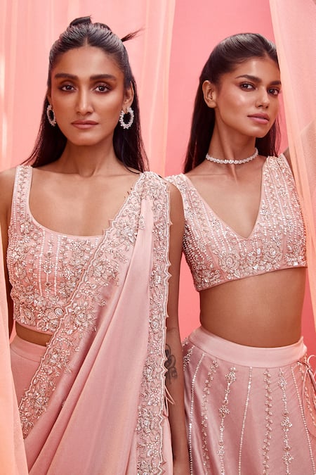 Vasavi Shah_Pink Tissue, Silk, Organza Pearls, Sequins V-neck Blush Sequence Lehenga Set _at_Aza_Fashions