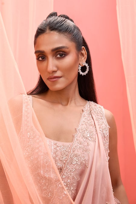 Buy_Vasavi Shah_Blush Tissue Embroidery, Pearls, Sequins Square Neck Pink Drape Set _Online_at_Aza_Fashions