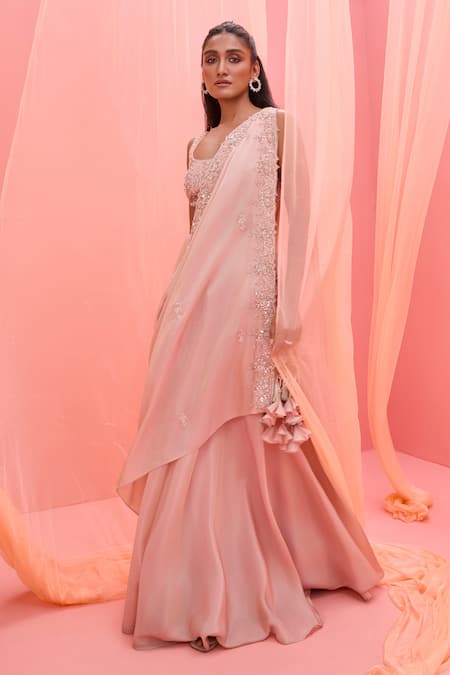 Shop_Vasavi Shah_Blush Tissue Embroidery, Pearls, Sequins Square Neck Pink Drape Set _at_Aza_Fashions