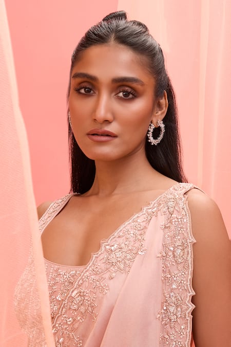 Shop_Vasavi Shah_Blush Tissue Embroidery, Pearls, Sequins Square Neck Pink Drape Set _Online_at_Aza_Fashions