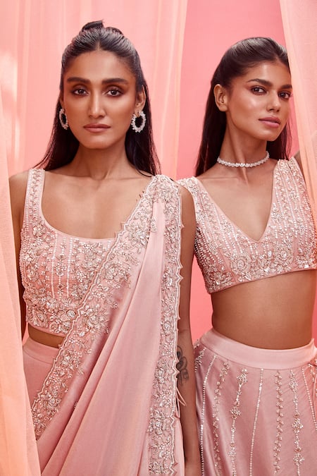 Vasavi Shah_Blush Tissue Embroidery, Pearls, Sequins Square Neck Pink Drape Set _at_Aza_Fashions