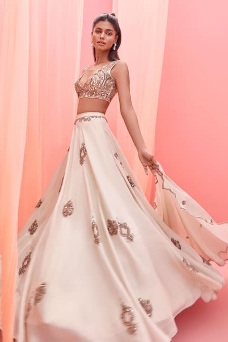 Shop_Vasavi Shah_Ivory Tissue Sequins, Embroidery V-neck Metallic Lehenga Set _Online_at_Aza_Fashions