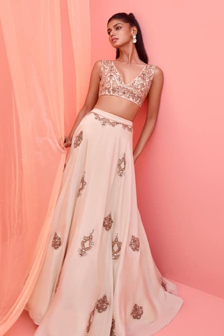 Shop_Vasavi Shah_Ivory Tissue Sequins, Embroidery V-neck Metallic Lehenga Set _at_Aza_Fashions