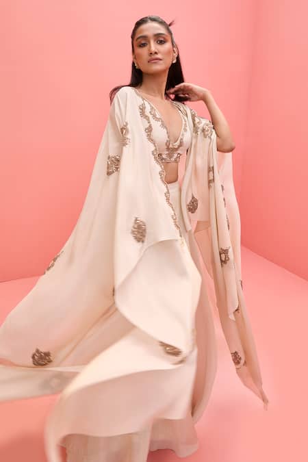 Shop_Vasavi Shah_Ivory Tissue, Silk Embroidery, Sequins V-neck Metallic Cape Set _at_Aza_Fashions