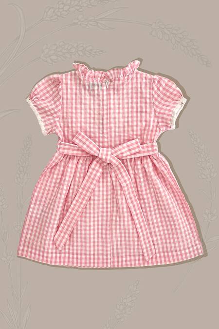 Shop Taramira Pink Check Cotton Dress With Embroidery For Girls at Aza Fashions Shop_Taramira_Pink Check Cotton Dress With Embroidery For Girls_at_Aza_Fashions