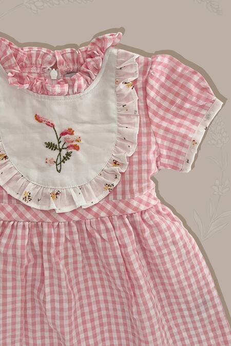 Taramira Pink Check Cotton Dress With Embroidery For Girls Online at Aza Fashions Taramira_Pink Check Cotton Dress With Embroidery For Girls_Online_at_Aza_Fashions