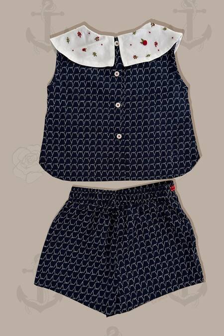 Shop Taramira Blue Nautical Blooms Skorts Set For Girls at Aza Fashions Shop_Taramira_Blue Nautical Blooms Skorts Set For Girls_at_Aza_Fashions