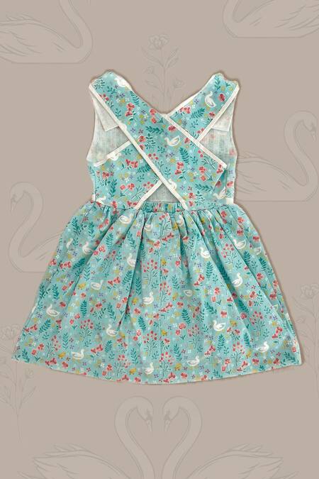 Shop Taramira Blue Swan Print Cotton Dress For Girls at Aza Fashions Shop_Taramira_Blue Swan Print Cotton Dress For Girls_at_Aza_Fashions
