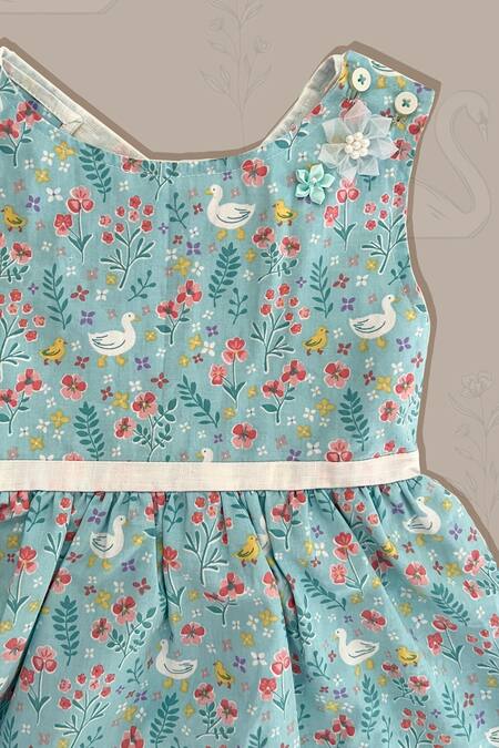 Taramira Blue Swan Print Cotton Dress For Girls Online at Aza Fashions Taramira_Blue Swan Print Cotton Dress For Girls_Online_at_Aza_Fashions