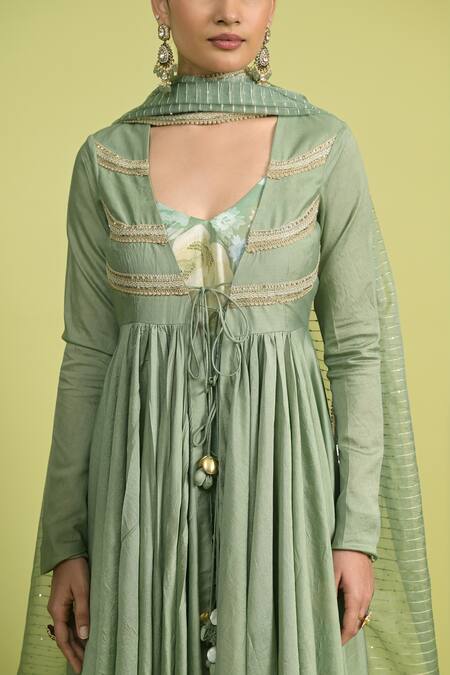 Buy_Rishi and Vibhuti_Green Chanderi, Organza, Muslin V-neck Matcha Dew Anarkali Set _Online_at_Aza_Fashions