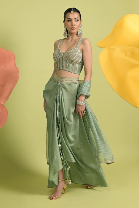 Rishi and Vibhuti_Green Chanderi, Organza Matcha Corset Set With Drape Skirt _Online_at_Aza_Fashions