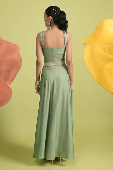 Rishi and Vibhuti Matcha Corset Set with Drape Skirt 