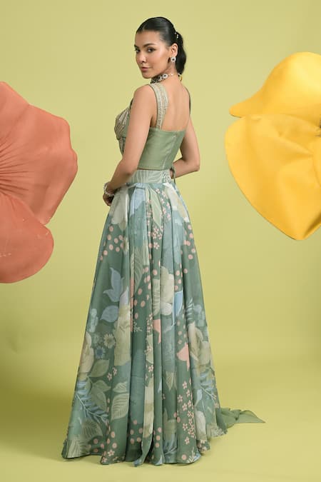 Rishi and Vibhuti Matcha Green Printed Designer Lehenga Set 